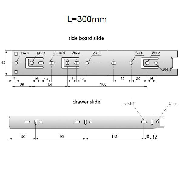 Prowadnice do szuflad kulkowe 300mm - H45 (lewa oraz prawa)