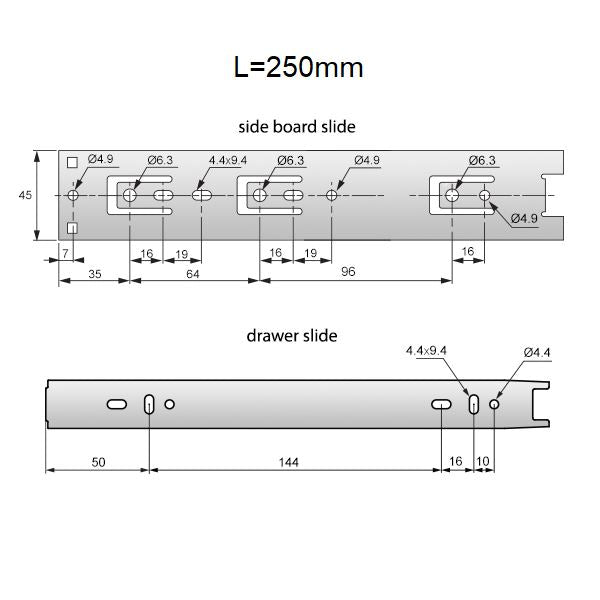 Prowadnice do szuflad kulkowe 250mm - H45 (lewa oraz prawa)