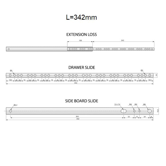 Prowadnice do szuflad kulkowe 342mm - H17 (lewa oraz prawa)