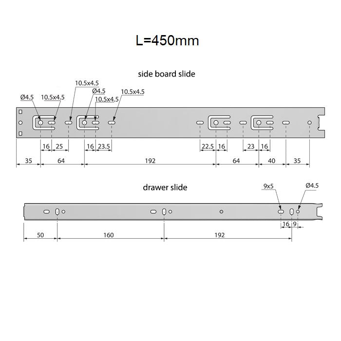 Prowadnice do szuflad kulkowe 450mm - H45 (lewa oraz prawa)
