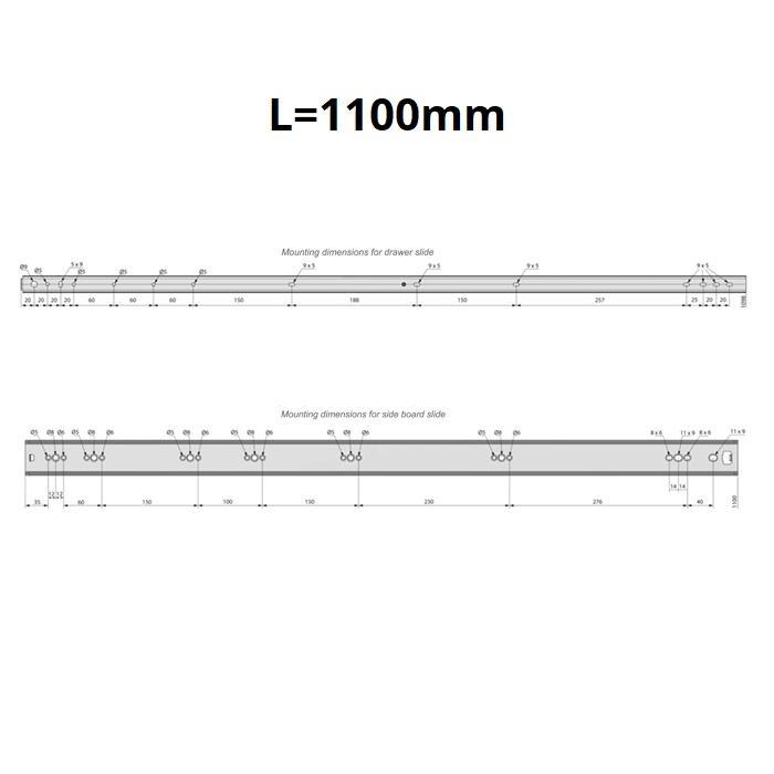 Prowadnice kulkowe do szuflad wzmocnione 1100mm - H53 (lewa oraz prawa)